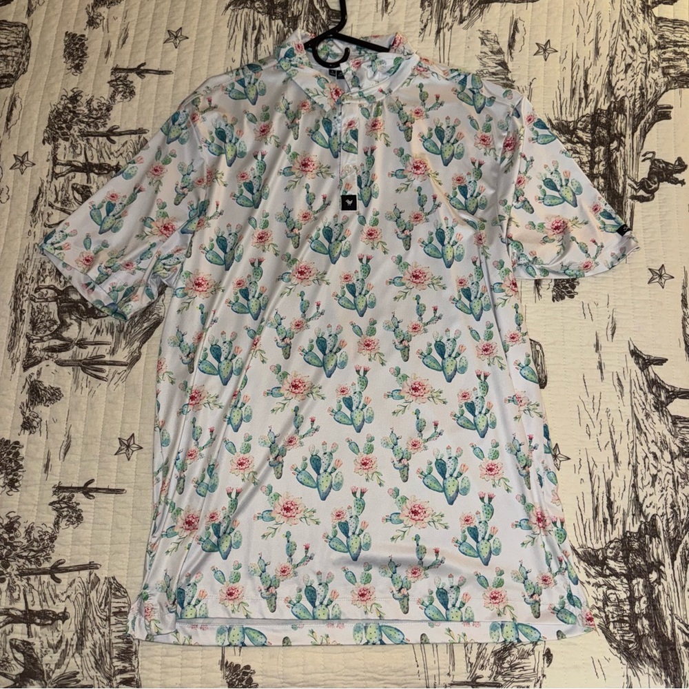 Bad Birdie White Polo with Green Cactus and Pink Floral Print